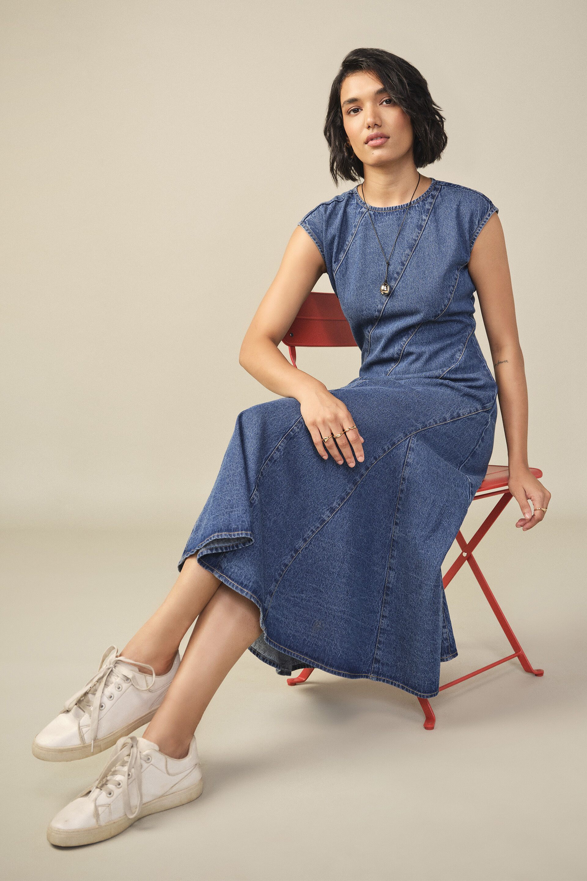 Godet Denim Dress in Blue, Blue, image 2